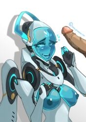 1boy 1girls 2d areolae big_breasts blush breasts echo_(overwatch) erection female girogi large_breasts male nipples open_mouth overwatch overwatch_2 penis robot robot_girl unseen_male_face