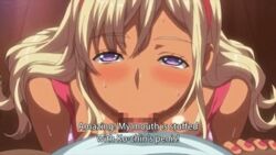 1boy 1girls animated baka_dakedo_chinchin_shaburu_no_dake_wa_jouzu_na_chii-chan big_breasts blonde_hair censored dark-skinned_female english_text fellatio ganguro gyaru oral purple_eyes shiina_chieri sucking text