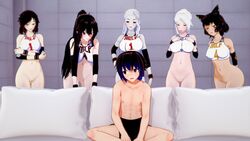 1boy 5girls black_hair bottomless breasts extremesoda gym_uniform kali_belladonna male meme milf multiple_girls panties piper_perri_surrounded raven_branwen rwby salem_(rwby) seductive seductive_look sports_bikini sports_bra summer_rose white_hair willow_schnee