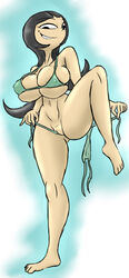 aged_up artist_request belly_button bikini bikini_bottom_removed black_hair breasts cartoon_network dexter's_laboratory green_bikini half-closed_eyes lee_lee leg_up legs long_hair pussy smiling_at_viewer teasing toned_body toned_female