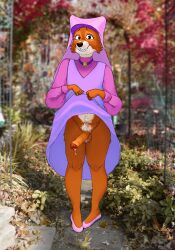 anthro autumn big_penis bodily_fluids bottomwear canid canine clothed clothing clothing_lift disney dress dress_lift dripping erection eyelashes footwear fox fur genital_fluids genitals gynomorph hi_res intersex jewelry knock-kneed maid_marian mammal necklace penis pink_clothing pink_footwear pink_shoes precum precum_drip pubes red_body red_fur robin_hood_(disney) rule_63 shoes skirt skirt_lift smile solo theshapeofyifftocome