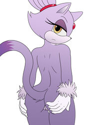 5_fingers absurd_res anthro ass blaze_the_cat domestic_cat eyelashes felid feline felis female fingers forehead_gem fur genitals hand_on_butt hi_res humanoid_hands looking_at_viewer looking_back mammal purple_body purple_fur purple_tail pussy rear_view simple_background solo sonic_(series) sonic_the_hedgehog_(series) vk102 white_background