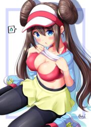 1girls black_legwear blue_eyes blush bra bra_strap breasts brown_hair cleavage clothed clothing cute digital_media_(artwork) double_bun eyebrows_visible_through_hair female female_only fully_clothed hair_between_eyes hair_bun highres human human_only large_breasts legwear_under_shorts lifted_by_self lifting_shirt long_hair long_twintails looking_at_viewer low_twintails mokufuu navel nintendo open_mouth pantyhose pictographics pink_bra pokemon pokemon_bw2 ribbon rosa_(pokemon) shadow shirt shirt_lift shoes short_shorts shorts signature simple_background solo