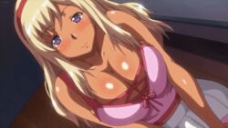 1boy 1girls animated baka_dakedo_chinchin_shaburu_no_dake_wa_jouzu_na_chii-chan big_breasts bimbo blonde_hair breast_squeeze breasts censored cleavage clothed dark-skinned_female english_text female ganguro gyaru paizuri purple_eyes shiina_chieri text