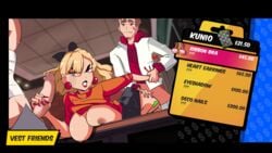 1girls 2boys bent_over blonde_hair blowjob breasts breasts_out eduardo_squidwardo english_text exposed_breasts game_ui gameplay_mechanics item_shop kunio kunio-kun reika_(kunio-kun) riki_(kunio-kun) river_city_girls shopkeeper text threesome