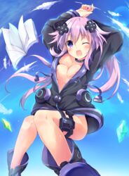 adult_neptune areola areola_slip arms_up bare_legs black_jacket blue_sky blush book boots breasts cleavage cloud collar crystal d-pad_hair_ornament eyebrows_visible_through_hair feathers hair_between_eyes hinata_yuu_(atelierhinata) long_hair looking_at_viewer neptunia_(series) nipple_slip nipples no_bra one_eye_closed open_mouth outdoors panties partially_unzipped purple_eyes purple_hair smile striped_panties