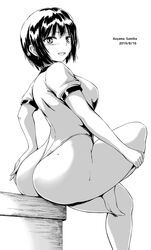 aoyama_sumika ass black_hair dat_ass female gymnast huge_ass looking_at_viewer monochrome short_hair sitting smiling sweat thong thong_leotard