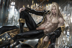 1boy abs alucard_(castlevania) areolae balls bare_chest bishonen boots castlevania castlevania_(netflix) dhampir erection fangs konami long_hair long_hair_male male male_only muscular_male nipples nude open_shirt partially_clothed penis penis_out realistic sakimichan scars solo testicles thorns topless uncensored vampire yellow_eyes