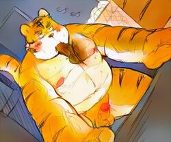 2018 anthro balls belly blush disembodied_penis duo erection felid genitals humanoid_genitalia humanoid_penis kemono male male/male mammal moobs navel nipples oral pantherine penis ruco solo_focus tiger