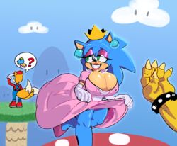 1girls 2boys anthro bowser breasts cleavage crossover cuisine erect_nipples female female_focus genderswap huge_breasts male mario_(cosplay) mario_(series) nintendo nipple_bulge princess_peach_(cosplay) rule_63 sega skirt skirt_lift sonic_(series) sonic_the_hedgehog sonique_the_hedgehog super_mario_bros. tails