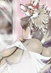 0508madaramoyou angry anthro ass blush canid canine canis ear_piercing ear_ring hair hi_res jackal looking_back male male_only mammal mane mane_hair nude piercing seth_(tokyo_afterschool_summoners) shower solo tokyo_afterschool_summoners towel video_games wet