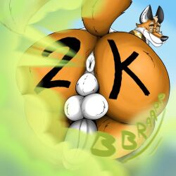 1boy 2d anthro ass balls big_butt blue_pants canid canine canis countershading digital_drawing_(artwork) digital_media_(artwork) fart fart_cloud farting fox glasses green_fart_cloud looking_at_viewer looking_back looking_back_at_viewer male male_only onomatopoeia original pants_down penis pink_penis_tip simple_background subscriber_count sunflower_fox sunflower_fox_(character) tagme tail white_anus white_balls white_penis writing_on_butt