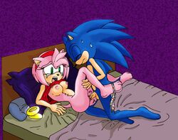 1boy 1girls amy_rose bed blanket blue_fur blue_hair breasts closed_eyes clothing covers exposed_breasts female hairband headband in_bed male on_bed open_mouth panties panties_around_leg panties_around_one_leg penetration penis pillow pink_fur pink_hair pussy rings sex shirt shirt_up sonic_(series) sonic_the_hedgehog tear tearing_up tears underwear underwear_around_one_leg vaginal_penetration