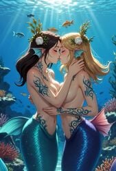 2girls ai_generated ai_video animated blonde_hair blue_scales blush brown_hair bubbles closed_eyes female female_only fins fish green_scales hair_ornament happy kissing married_couple mermaid monster_girl mp4 nude ocean original romantic_ambiance seashell sound tagme tattoo tattoo_on_belly tattoo_on_chest tattooed_arm underwater underwater_kiss video wavy_hair wholesome wife_and_wife yuri