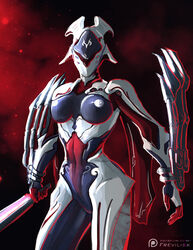 1girls alien_girl blue_skin breasts female female_only frevilisk garuda_(warframe) nipples robot_girl solo solo_female warframe weapon white_nipples