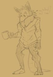 absurd_res anthro beverage bottomless clothed clothing coffee coffee_mug didelphid diktiel eyewear glasses hi_res male male_only mammal marsupial neck_tuft opposable_toe solo standing text thick_tail tired tuft virginia_opossum wist_(diktiel)