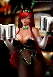 1girls alcohol animal_ears artist_name bare_shoulders beer beer_mug blurry blurry_background breasts bunny_ears bunny_girl bunnysuit cleavage cup detached_collar drink earrings elbow_gloves erza_scarlet fairy_tail fake_animal_ears female female_warrior gloves hair_ornament hair_over_one_eye heart heart_hair_ornament jewelry large_breasts long_hair looking_at_viewer mug nextoad pantyhose patreon_username red_eyes red_hair see-through solo standing watermark white_gloves