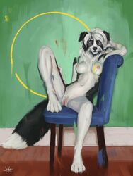 2020 3:4 4_toes anthro black_nose blue_eyes border_collie breasts canid canine canis chair claws collie domestic_dog female fur furniture genitals hair herding_dog hi_res jaykat looking_at_viewer mammal multicolored_body multicolored_fur multicolored_tail nipples nude pastoral_dog pussy sheepdog signature sitting solo toes white_hair