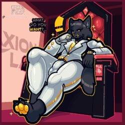 1:1 accessory anthro black_body bottomwear bulge chair clothed clothing cybernetic_eye cybernetic_limb cybernetics denim denim_bottomwear denim_clothing detailed_bulge digital_media_(artwork) domestic_cat english_text felid feline felis femboy fur furniture gold_(metal) gold_jewelry hair jeans jewelry looking_at_viewer low-angle_view machine male mammal nagifur narrowed_eyes necktie orange_eyes pants paws science_fiction sitting smug smug_face solo suit sypher_(nagifur) tail text throne