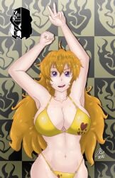 1girls armpits arms_above_head arms_up artist_name big_breasts bikini blonde_hair breasts busty cleavage clenched_hand dated female female_only highres large_breasts legs long_hair looking_at_viewer lying navel purple_eyes rwby smile solo swimsuit tattoo teeth thighs thong_bikini toned tongue v voluptuous yang_xiao_long yellow_bikini