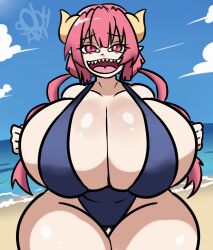 beach beach_background big_breasts big_thighs dragon_girl female female_focus female_only grin grinding horns huge_breasts ilulu_(dragon_maid) ilulu_(miss_kobayashi's_dragon_maid) looking_at_viewer miss_kobayashi's_dragon_maid pink_hair sea sharp_teeth shortstack sob4art solo solo_female swimsuit wide_hips