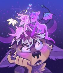 angel anthro bodily_fluids cheek_tuft chest_tuft confusion deadishwolf deer demon duo ears_down erection facial_tuft feathered_wings feathers french_kissing gay gay_male group halo heart_symbol hi_res horn hybrid kissing kneeling looking_up_at_another male male/male mammal mastectomy_scar membrane_(anatomy) membranous_wings pivoted_ears saliva saliva_on_tongue scar spade_tail tail touching_chin trio tuft voyeur wings yaoi