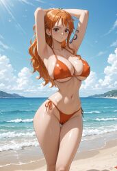 1girl ai_generated armpits arms_up beach bikini blush breasts cameltoe cleavage cloud collarbone covered_nipples day earrings female female_only hair huge_ass jewelry large_breasts long_hair looking_at_viewer nami_(one_piece) nami_one_piece narrow_waist navel ocean one_piece orange outdoors skindentation sky solo standing stomach swimsuit tattoo thick_thighs wet