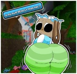 1girls ass bassie_(dandy's_world) belle_basket_bassie big_ass big_booty booty dandy's_world dandys_world fat_ass female huge_ass looking_at_ass looking_at_own_ass looking_back mysticalgarnet roblox roblox_game self-conscious tagme text worried worried_expression