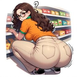 1female 1girls ai_generated ass ass_focus based_on_a_real_person big_ass bouncing_ass bouncing_breasts breasts brown_hair butt_focus cashier confused curvy edit edited employee employee_uniform fat_ass female fisheye flare_pants glasses long_hair looking_at_viewer looking_back perchance_ai perspective pov real_life_insert real_person round_glasses shaking shaking_ass sneakers supermarket supermarket_background thick_thighs thight_clothing viewed_from_above viewed_from_behind voluptuous_female