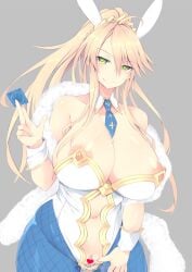 artoria_pendragon_(lancer) artoria_pendragon_(swimsuit_ruler) artoria_pendragon_(swimsuit_ruler)_(fate) asking_for_it belly_button blonde_hair blush bunny_ears bunny_girl bunnysuit condom detached_collar dripping_pussy exposed_pussy fate/grand_order fate_(series) female female_only functionally_nude green_eyes heart-shaped_pupils large_breasts looking_at_viewer nipples nipples_visible_through_clothing ponytail smile sukage tie wet wet_pussy