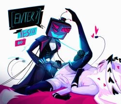 2boys anus ass bald balls big_dom_small_sub big_penis black_legwear blush claws clothed collar cum cum_drip cum_trail english_text erection erection_under_clothes four_arms fur gay grabbing hat hazbin_hotel heart heart-shaped_nipples leash leash_pull legwear licking looking_at_another looking_at_partner nipple_piercing nipples no_hair penis precum precum_drip purple_skin red_eyes shroom_(artist) simple_background smile speech_bubble sweat sweatdrop tail thick_thighs three_eyes tongue tv_head underwear valentino_(hazbin_hotel) vox_(hazbin_hotel) wagging_tail white_background wires yaoi