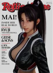 1girls 3d 3d_(artwork) biker_clothes biker_girl brown_hair cleavage english_text fatal_fury female female_focus female_only jacket king_of_fighters large_breasts leather leather_clothing leather_jacket magazine magazine_cover mai_shiranui midriff parody ponytail self_upload sideboob smile smiling smiling_at_viewer street_fighter_6 text
