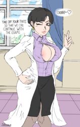 1girls alternate_breast_size background big_ass big_breasts black_skirt breasts clothed curvy dialogue female human jojo's_bizarre_adventure joredraws large_breasts light-skinned_female light_skin mature nipple_slip nurse nurse_(jjba) pantyhose short_hair shounen_jump smile stardust_crusaders unnamed_character white_coat wide_hips wink