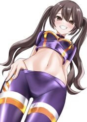 1girls blush bodysuit brown_eyes brown_hair clothing collar duel_monster fringe grabbing grabbing_thighs hand_on_hip hand_on_thigh i:p_masquerena light_skin looking_at_viewer looking_down low-angle_view marronpan160 multicolored_pants navel pants safe safe_for_work seductive_smile smile solo standing teenager teeth thighs twintails yu-gi-oh!