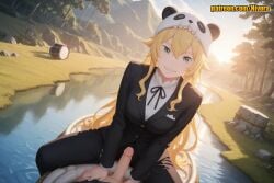 1boy 1girl ai_generated animal_hat black_jacket black_pants black_ribbon blazer blonde_hair blush breasts day erection formal frederica_baumann grass green_eyes grin hair_between_eyes hat hetero jacket lake large_breasts long_hair long_sleeves looking_at_viewer mountain nature neck_ribbon nivora outdoors pant_suit pants patreon penis pov re:zero_kara_hajimeru_isekai_seikatsu ribbon river scenery sharp_teeth shirt sitting sky smile solo solo_focus suit sunset teeth tree uncensored very_long_hair water white_shirt