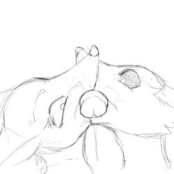 akitokit anthro bandai_namco black_sclera bodily_fluids crossover cum digimon digimon_(species) erection eyelashes female genital_fluids genitals glans group hi_res kissing kyubi_(yo-kai_watch) level-5 male male/female onomatopoeia penis penis_in_mouth penis_kissing renamon saliva sex sound_effects surprised text trio yo-kai_watch