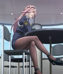 1girls breasts clothing high-rise_invasion kusakabe_yayoi pink_eyes pink_hair screencap sitting stitched tenkuu_shinpan thick_thighs thighs yayoi_kusakabe