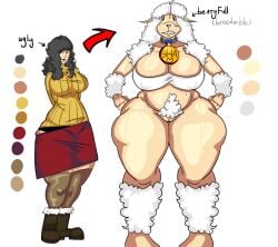 88jro andromorph anthro belly big_breasts big_butt black_clothing black_hair black_panties black_underwear bodily_fluids bottomwear breasts butt clothing collar curly_hair duo female footwear fur genitals hair human human_skin intersex legwear mammal meme panties sha_(twf) shoes skirt slightly_chubby slightly_chubby_anthro slightly_chubby_female stockings sweat sweater the_walten_files thick_thighs topwear underwear vulva white_body white_fur white_wool wool_(fur)