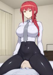 ai_generated chainsaw_man makima_(chainsaw_man) red_hair femdom dominant_female office_lady office_clothing indoors bedroom neutral_expression yellow_eyes