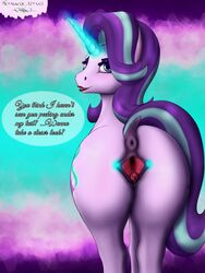 1girls 3:4 absurdres anus ass cutie_mark dialogue equid female female_only friendship_is_magic furry genitals hermaeus_xerxes highres horn lipstick looking_back makeup mammal my_little_pony presenting_hindquarters pussy rear_view solo spreading starlight_glimmer unicorn