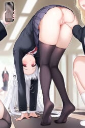 2girls 4girls absurdres anus ass bar_censor bent_over black_jacket black_thighhighs blurry blurry_background cameltoe cellphone censored commentary_request crotch_seam exhibitionism grey_hair hallway highres holding holding_phone jacket long_hair looking_at_viewer mosaic_censoring multiple_girls necktie niliu_chahui no_panties no_shoes original phone pink_hair pleated_skirt public_indecency pussy red_eyes red_necktie school_uniform shirt skindentation skirt smartphone soles solo_focus standing standing_on_one_leg thighhighs tokisaki_mio_(niliu_chahui) trefoil underwear very_long_hair white_shirt yuri