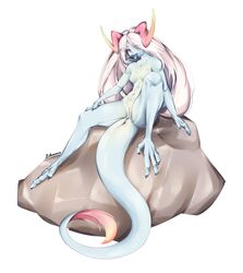 absurd_res animal_humanoid anthro anus breasts colored dragon dragon_humanoid feathers female fish genitals hair hi_res horn humanoid likunea long_hair looking_at_viewer marine monster_girl_(genre) presenting presenting_anus presenting_breasts presenting_pussy pussy rock sign signature simple_background solo solo_focus tail_anus tail_feathers white_background white_hair