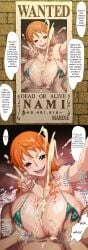 2d 2d_(artwork) bikini_top brown_eyes cum dark-skinned_male earrings extortion female financial_domination findom huge_breasts iwao178 long_hair male nami_(one_piece) one_piece orange_hair orgasm paizuri peace_sign post-timeskip pre-timeskip prostitution selfie v wanted_poster