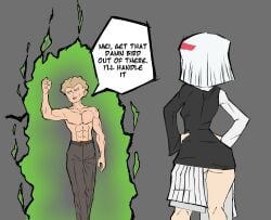 1boy 1girls ass ass_peek ass_peeking_out_of_shorts aura big_ass blonde_hair brikmk dialogue dress english_text green_aura hakari_kinji jujutsu_kaisen medium_hair no_sex simple_background sketch standing text uraume white_hair