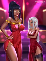 2futas amari_(elfxiv) ball_bulge balls black_hair blue_eyes bottomless_skirt bracelet breasts bulge cameltail cleavage dark-skinned_futanari dress elf erect_nipples erection erection_under_clothes erection_under_skirt futa_only futa_with_futa futanari huge_breasts huge_penis intersex large_breasts larger_futanari long_dress looking_at_viewer medial_ring mjara_(faelascivity) muscular_futanari neck nipple_bulge original original_character penis penis_bulge penis_under_clothes penis_under_skirt pointy_ears red_dress silent-fly skirt smaller_futanari smile thighhighs tongue_out white_hair wide_hips yellow_eyes