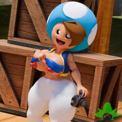 1girls 3d 3d_(artwork) aloe_t big_breasts big_thighs black_eyes breasts brown_hair camera curvy female female_only half-closed_eyes holding_camera humanoid kabalmystic_(style) kennyb0mber_(artist) lifting_bra light-skinned_female light_skin looking_at_viewer mario_(series) mushroom_humanoid nintendo nipples no_nose open_mouth original_character pants solo thick thick_hips thick_thighs thighs toad_(mario) white_pants wide_hips