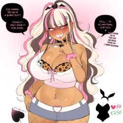 1girls absurd_res big_breasts blonde_hair blush brown_hair choker cinnabus cleavage dark-skinned_female dark_skin dialogue embarrassed english_text eyelashes female female_only fishnets gyaru hime_nini_(succubunini) indie_virtual_youtuber large_breasts leopard_print leopard_print_bra long_hair looking_at_viewer mole mole_on_breast mole_under_eye multicolored_hair navel_piercing original pink_hair pink_lipstick pink_nail_polish ponytail red_eyes scrunchie short_shorts shorts slit_pupils smiling smiling_at_viewer solo speech_bubble strip_game succubunini succubus succubus_tail tail three-tone_hair v_sign virtual_youtuber white_background wrist_scrunchie