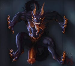 4_toes 5_fingers altagrin anthro balls biceps biped bodily_fluids claws dragon erection fangs fingers genital_fluids genitals glowing glowing_eyes hi_res long_penis long_tail looking_at_viewer male male_only manly muscular muscular_arms muscular_legs muscular_male open_mouth pecs penis precum saliva saliva_drip saliva_string sharp_teeth solo teeth toe_claws toes tongue tongue_out triceps vein veiny_penis