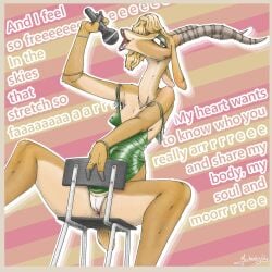 1:1 antelope anthro anus_peek blonde_hair border bovid bracelet breasts brown_body brown_eyes brown_fur chair clothing dialogue disney dress electronics eyelashes eyeshadow female front_view fur furniture gazelle gazelle_(zootopia) green_clothing green_dress green_eyeshadow grey_border grey_horn hair hi_res holding_microphone holding_object horn jewelry long_neck makeup mammal mccheeky64 microphone open_mouth panties pattern_background ring simple_background singing sitting solo striped_background tan_body tan_fur text thick_thighs underwear white_clothing white_panties white_underwear wide_hips zootopia