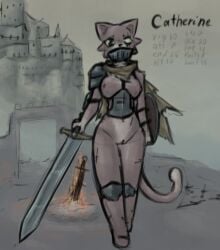 alexleviafan anthro armor blind_eye breasts brown_body campfire castle casual_exposure casual_nudity cloak clothing dark_souls digital_media_(artwork) domestic_cat english_text exhibitionism eye_scar facial_scar felid feline felis female fire fromsoftware genitals green_eyes holding_melee_weapon holding_object holding_sword holding_weapon looking_at_viewer mammal melee_weapon mostly_nude navel nipples scar shield shoulder_guards solo sword tail text vulva weapon